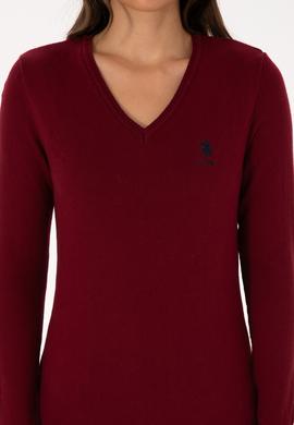 Kadın Bordo V Yaka Basic Kazak - 50307712006