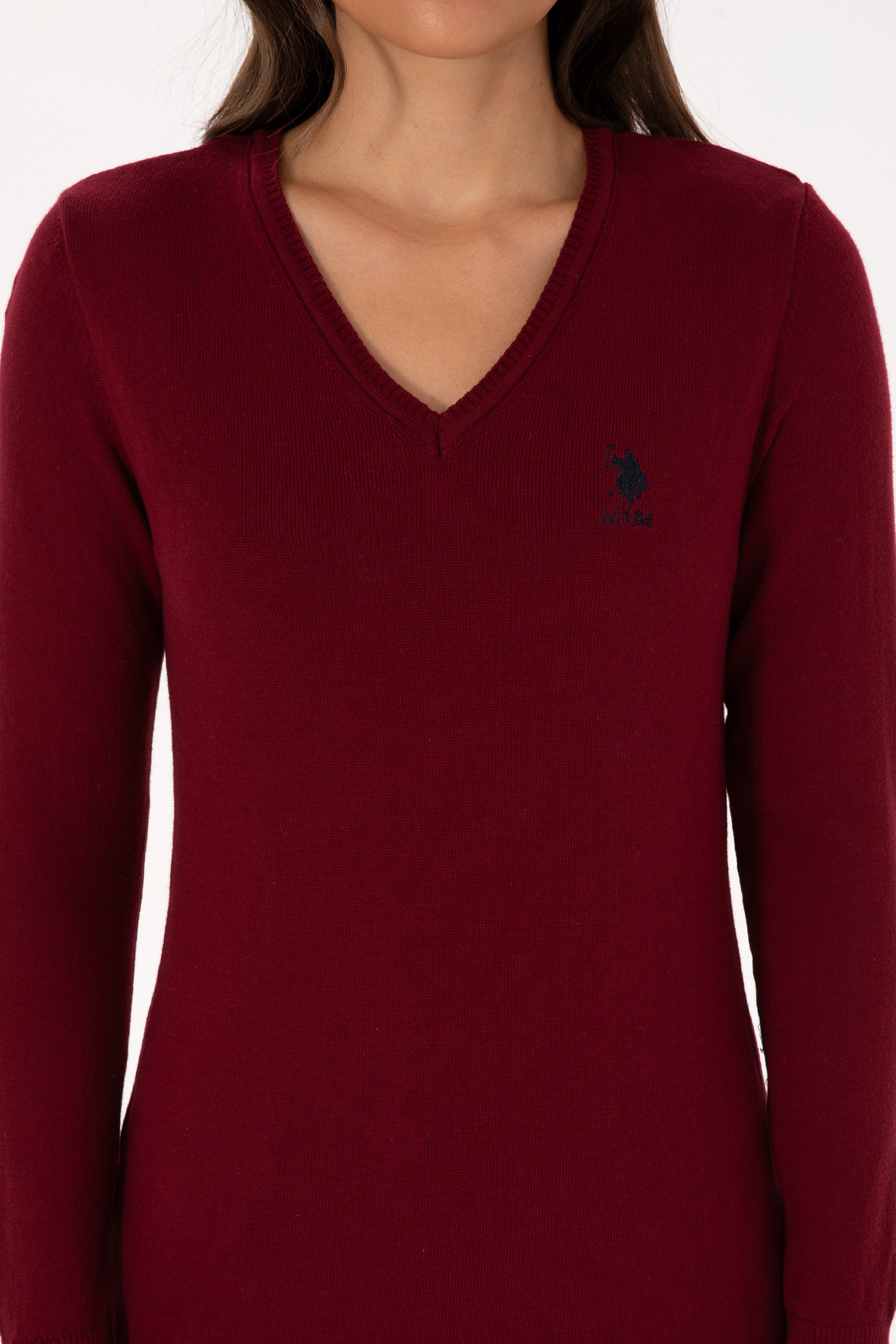 Kadın Bordo V Yaka Basic Kazak - Image 6