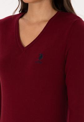 Kadın Bordo V Yaka Basic Kazak - 50307712006