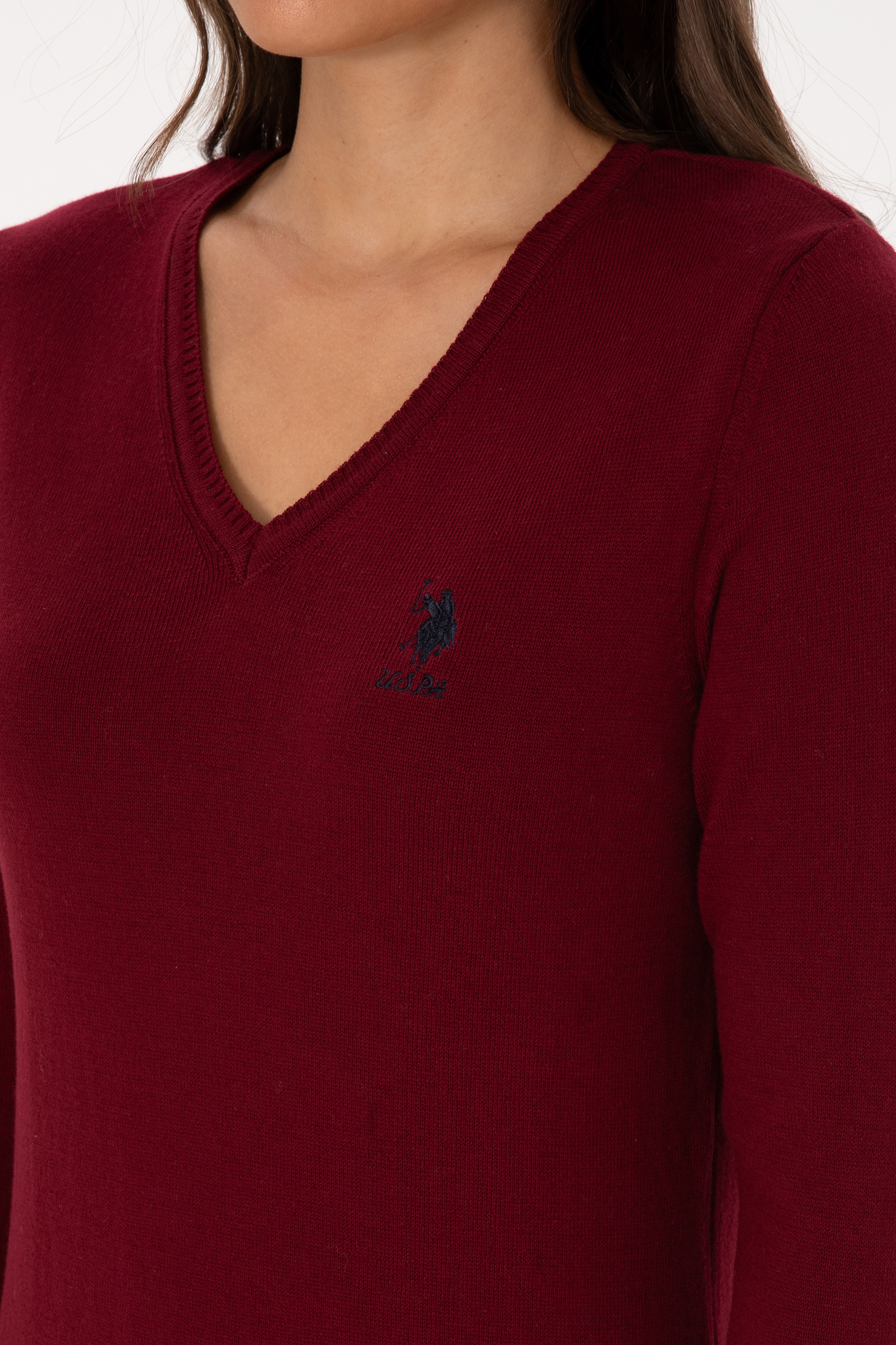 Kadın Bordo V Yaka Basic Kazak - Image 7