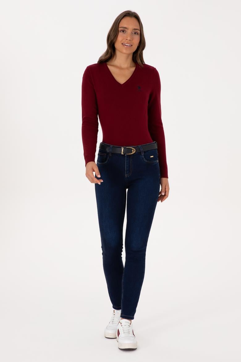 Kadın Bordo V Yaka Basic Kazak - 50307712006