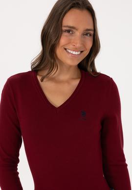 Kadın Bordo V Yaka Basic Kazak - 50307712006