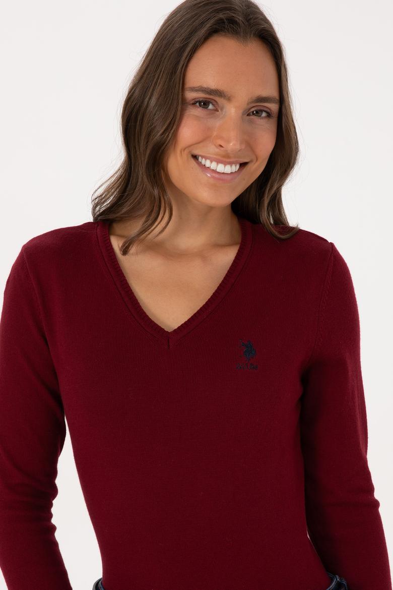 Kadın Bordo V Yaka Basic Kazak - 50307712006