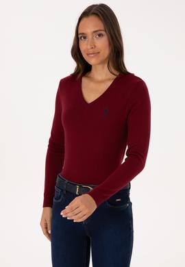Kadın Bordo V Yaka Basic Kazak - 50307712006