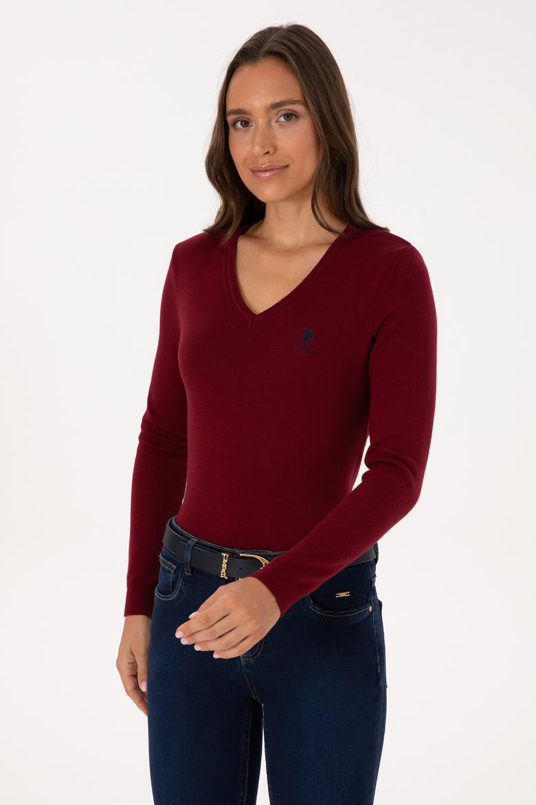 Kadın Bordo V Yaka Basic Kazak - 50307712006