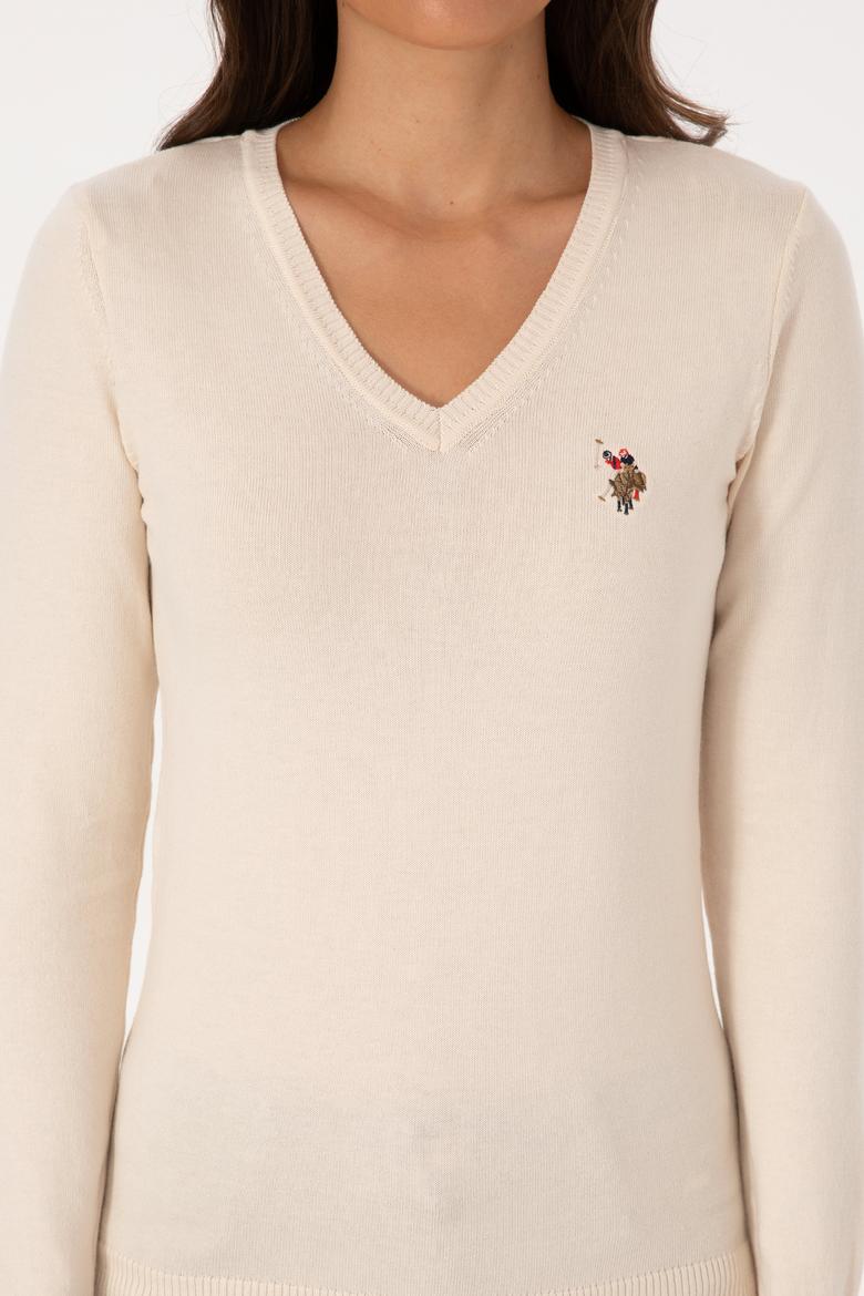 Kadın Krem V Yaka Basic Kazak - 50307727068