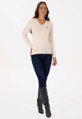 Kadın Krem V Yaka Basic Kazak - 50307727068