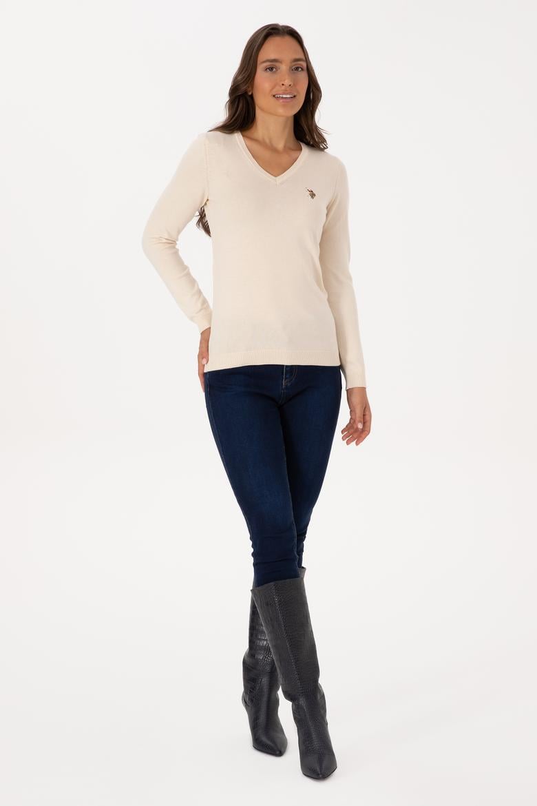 Kadın Krem V Yaka Basic Kazak - 50307727068
