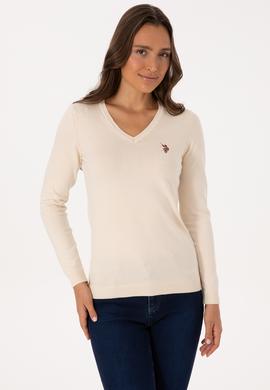 Kadın Krem V Yaka Basic Kazak - 50307727068