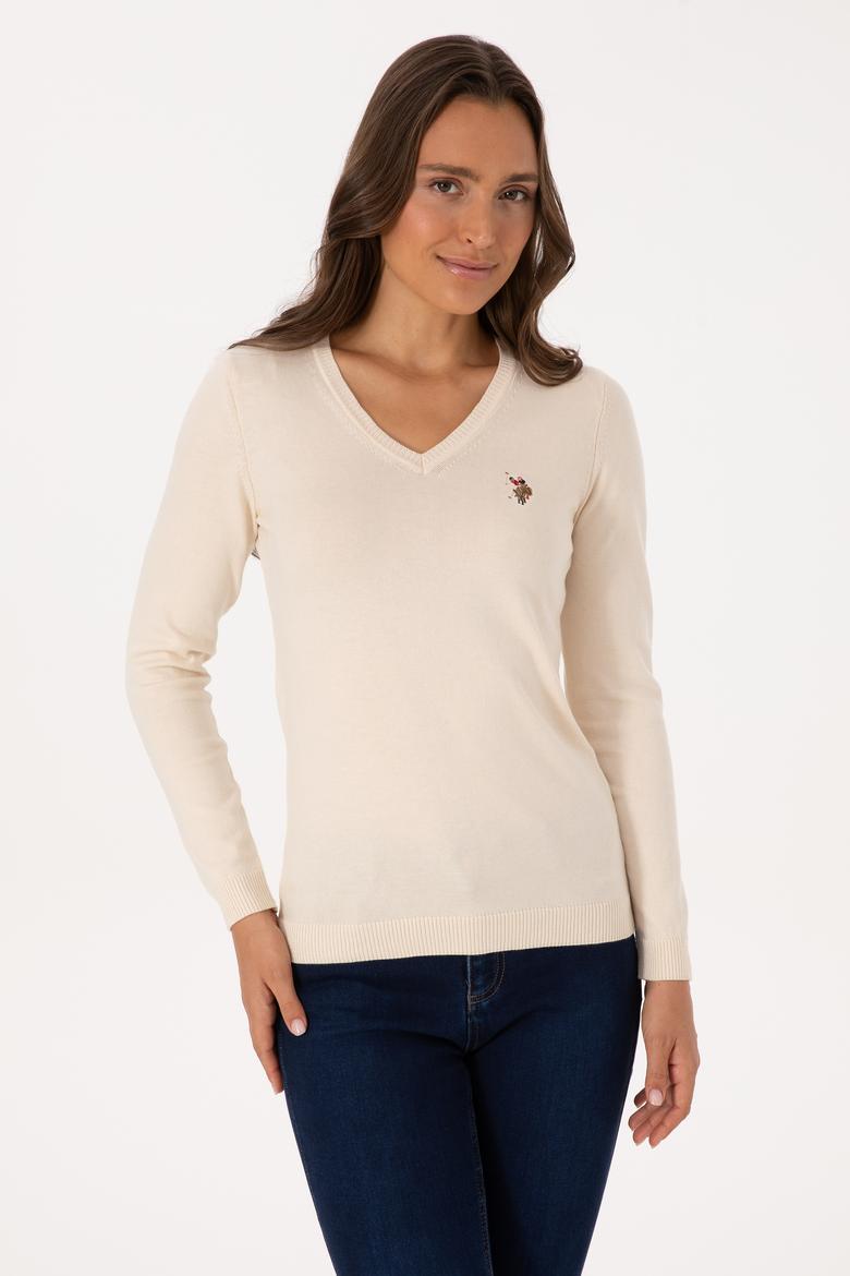 Kadın Krem V Yaka Basic Kazak