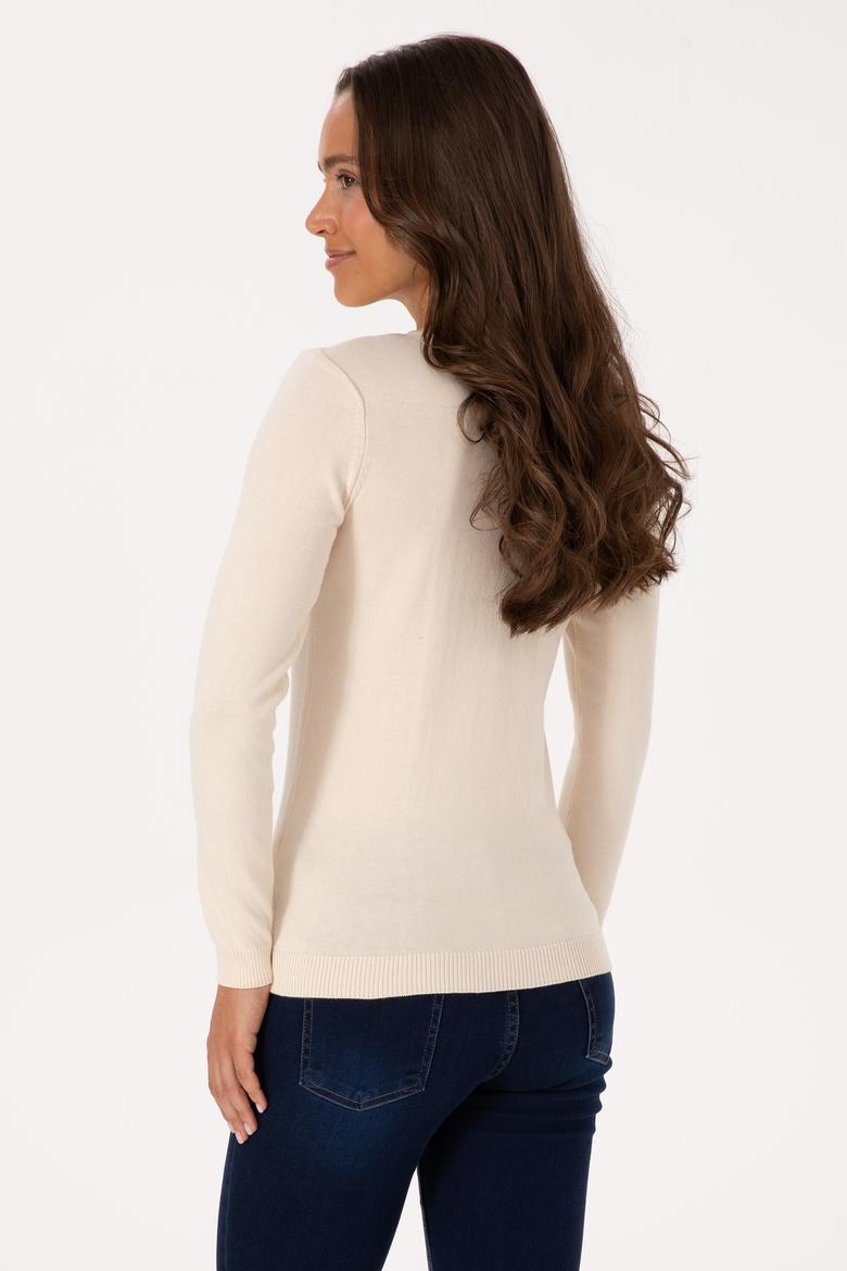 Kadın Krem V Yaka Basic Kazak - 50307727068