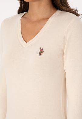 Kadın Krem V Yaka Basic Kazak - 50307727068