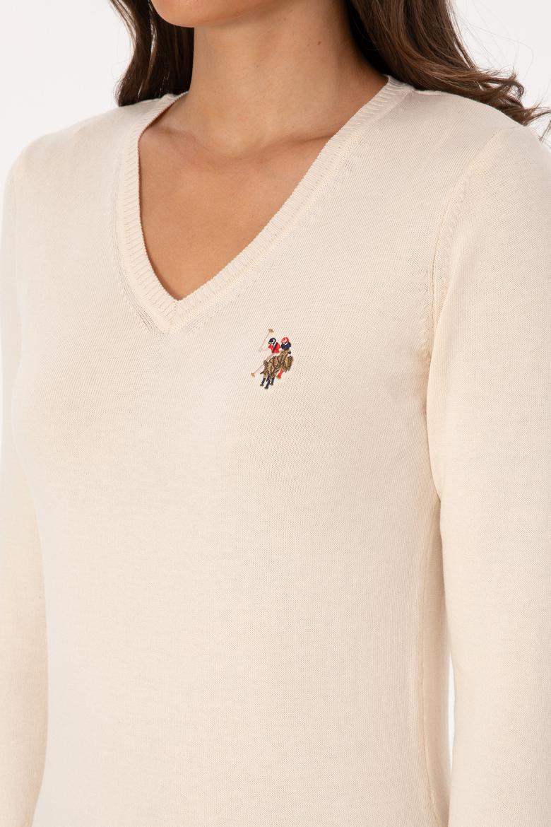 Kadın Krem V Yaka Basic Kazak - 50307727068