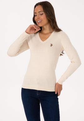Kadın Krem V Yaka Basic Kazak - 50307727068