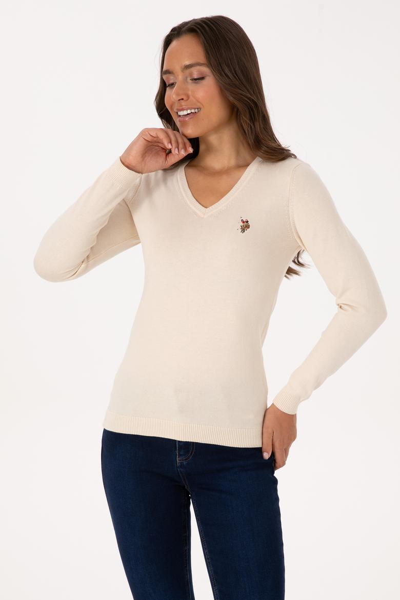 Kadın Krem V Yaka Basic Kazak - 50307727068