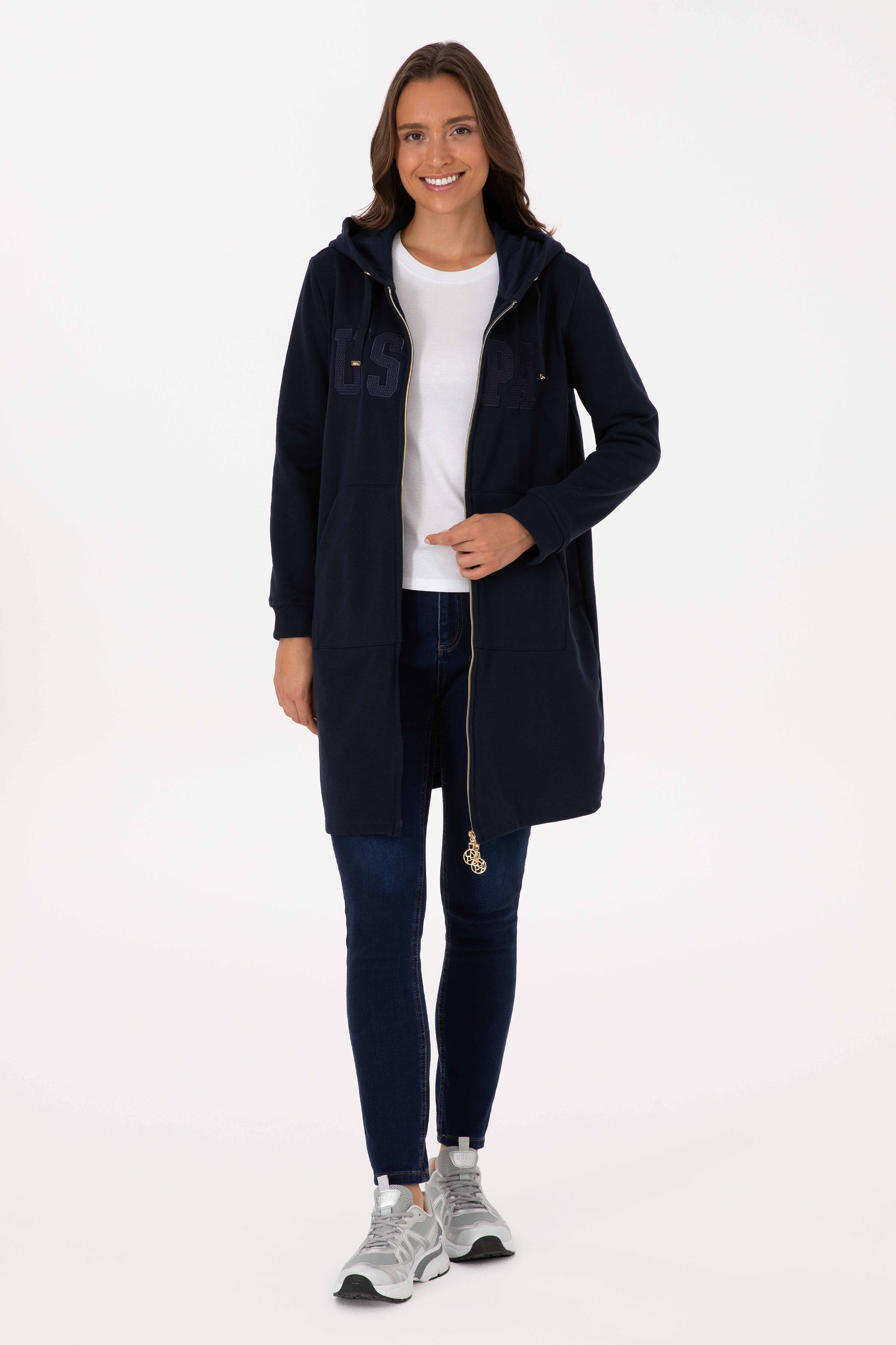 Kadın Lacivert Uzun Fermuarlı Kapüşonlu Basic Sweatshirt