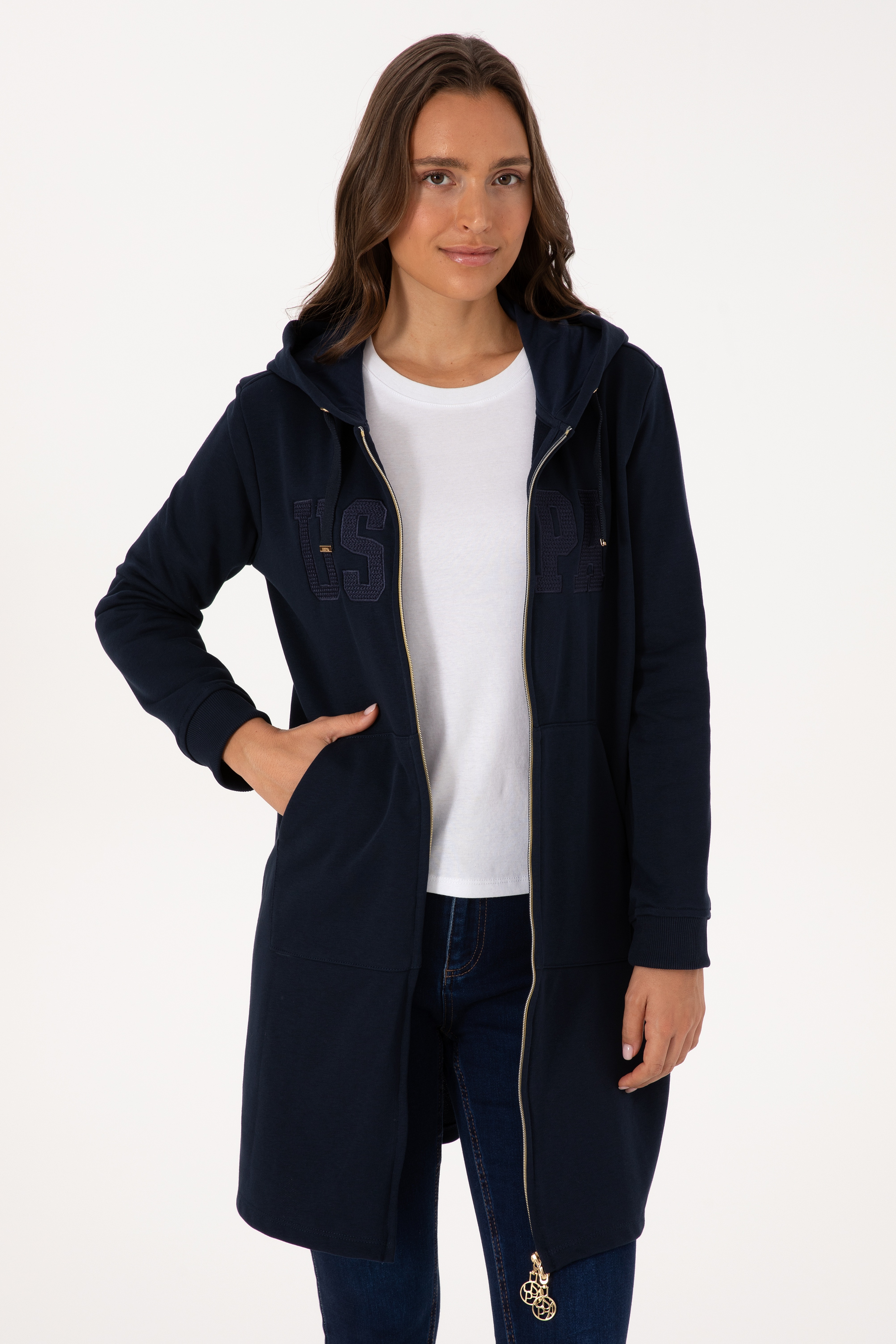 Kadın Lacivert Uzun Fermuarlı Kapüşonlu Basic Sweatshirt - Image 1
