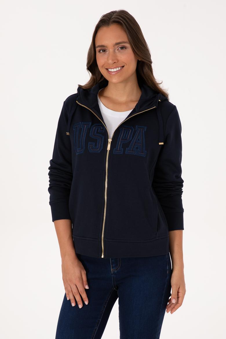 Kadın Lacivert Fermuarlı Kapüşonlu Basic Sweatshirt