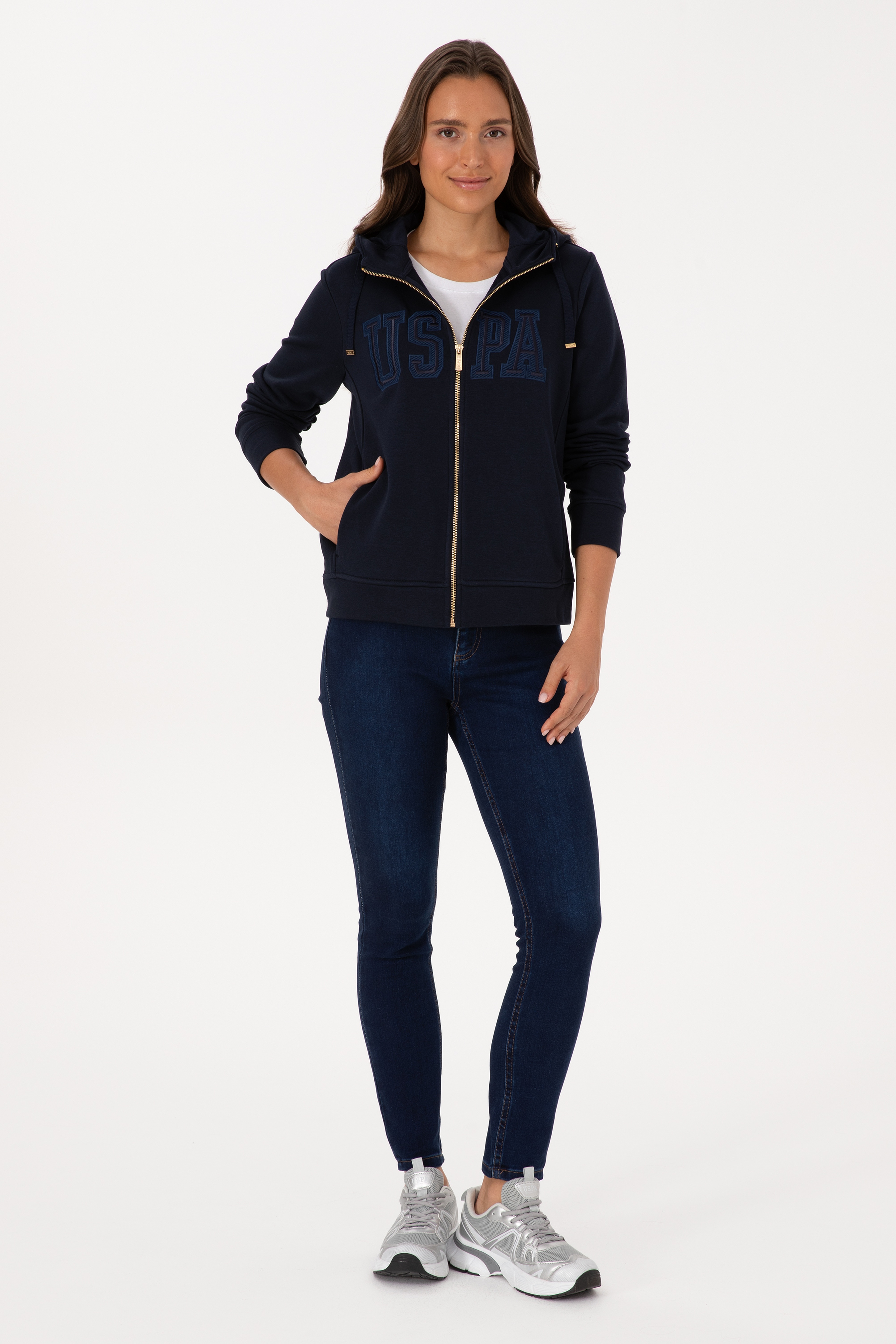 Kadın Lacivert Fermuarlı Kapüşonlu Basic Sweatshirt - Image 4