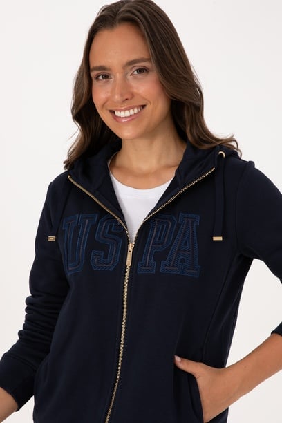 Kadın Lacivert Fermuarlı Kapüşonlu Basic Sweatshirt