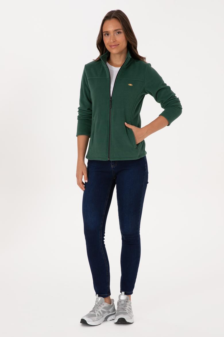 Kadın Koyu Yeşil Fermuarlı Dik Yaka Polar Sweatshirt - 50316729032