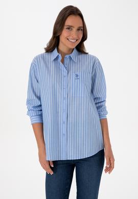 Kadın Açık Mavi Çizgilli Uzun Kollu Gömlek - 50315277006