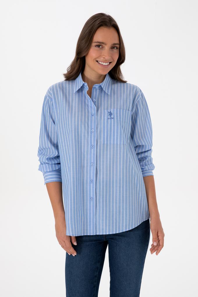 Kadın Açık Mavi Çizgilli Uzun Kollu Gömlek