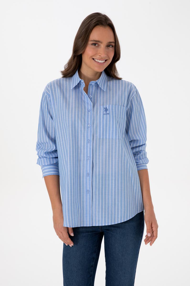 Kadın Açık Mavi Çizgilli Uzun Kollu Gömlek