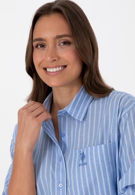 Kadın Açık Mavi Çizgilli Uzun Kollu Gömlek - 50315277006
