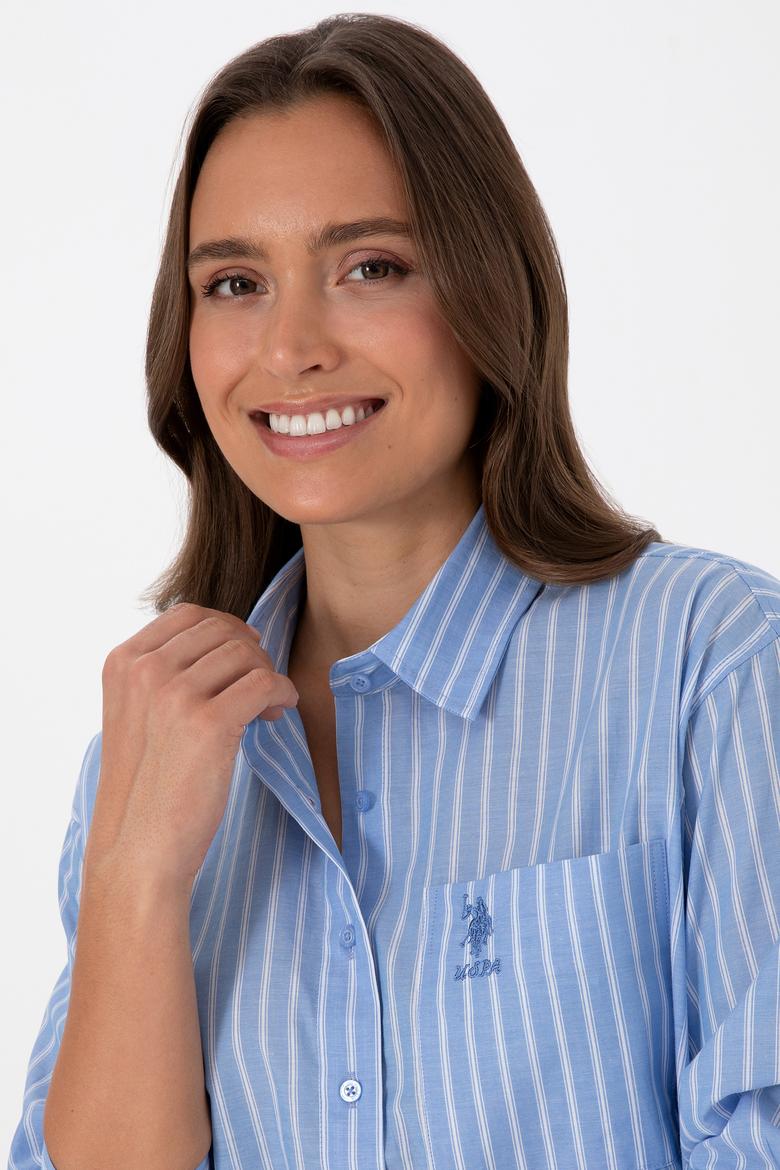Kadın Açık Mavi Çizgilli Uzun Kollu Gömlek - 50315277006