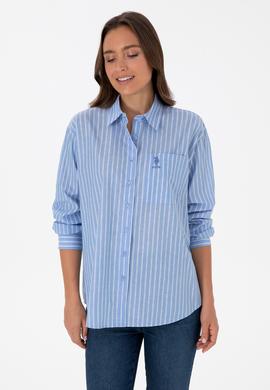 Kadın Açık Mavi Çizgilli Uzun Kollu Gömlek - 50315277006