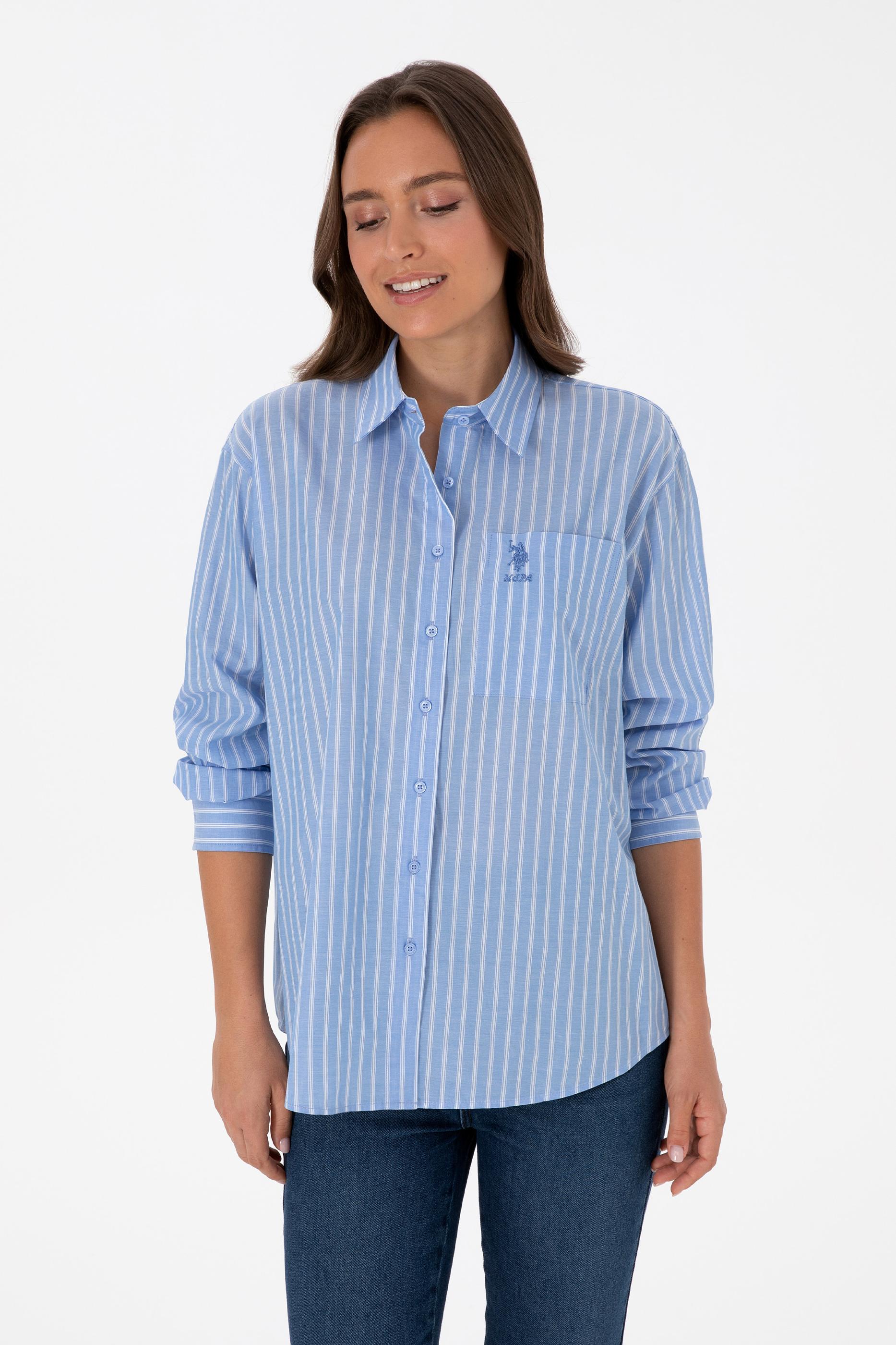Kadın Açık Mavi Çizgilli Uzun Kollu Gömlek