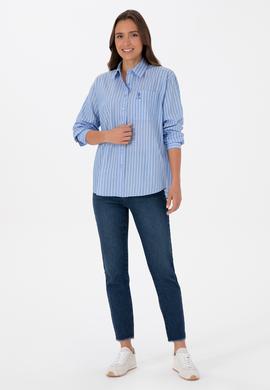 Kadın Açık Mavi Çizgilli Uzun Kollu Gömlek - 50315277006