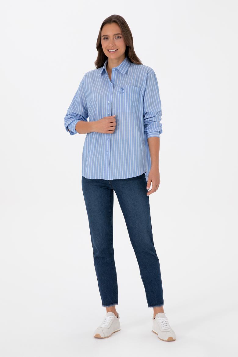 Kadın Açık Mavi Çizgilli Uzun Kollu Gömlek - 50315277006