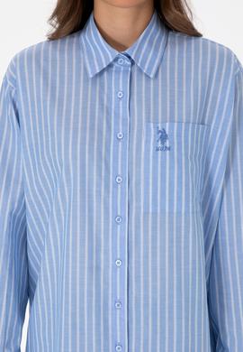 Kadın Açık Mavi Çizgilli Uzun Kollu Gömlek - 50315277006