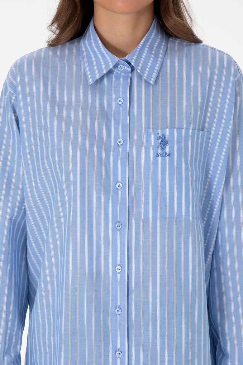 Kadın Açık Mavi Çizgilli Uzun Kollu Gömlek - 50315277006