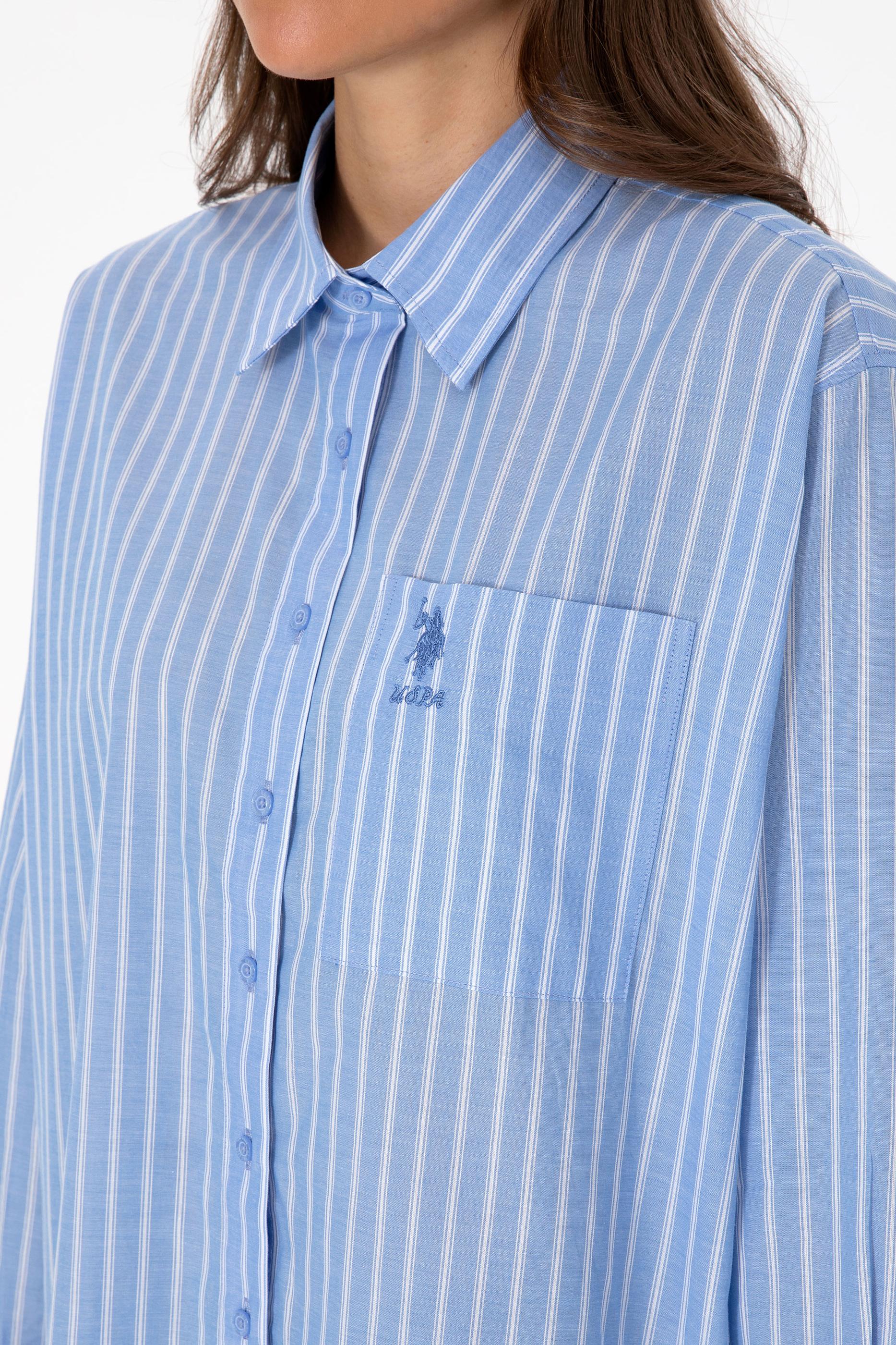 Kadın Açık Mavi Çizgilli Uzun Kollu Gömlek