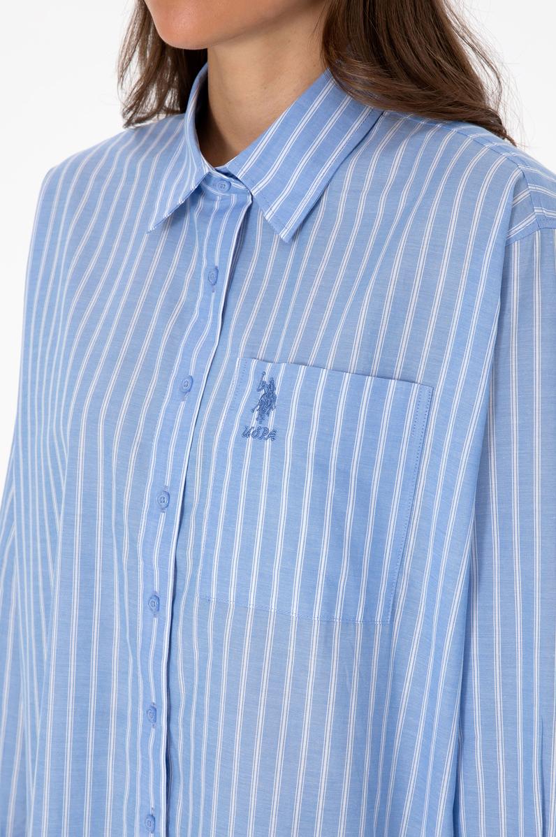 Kadın Açık Mavi Çizgilli Uzun Kollu Gömlek