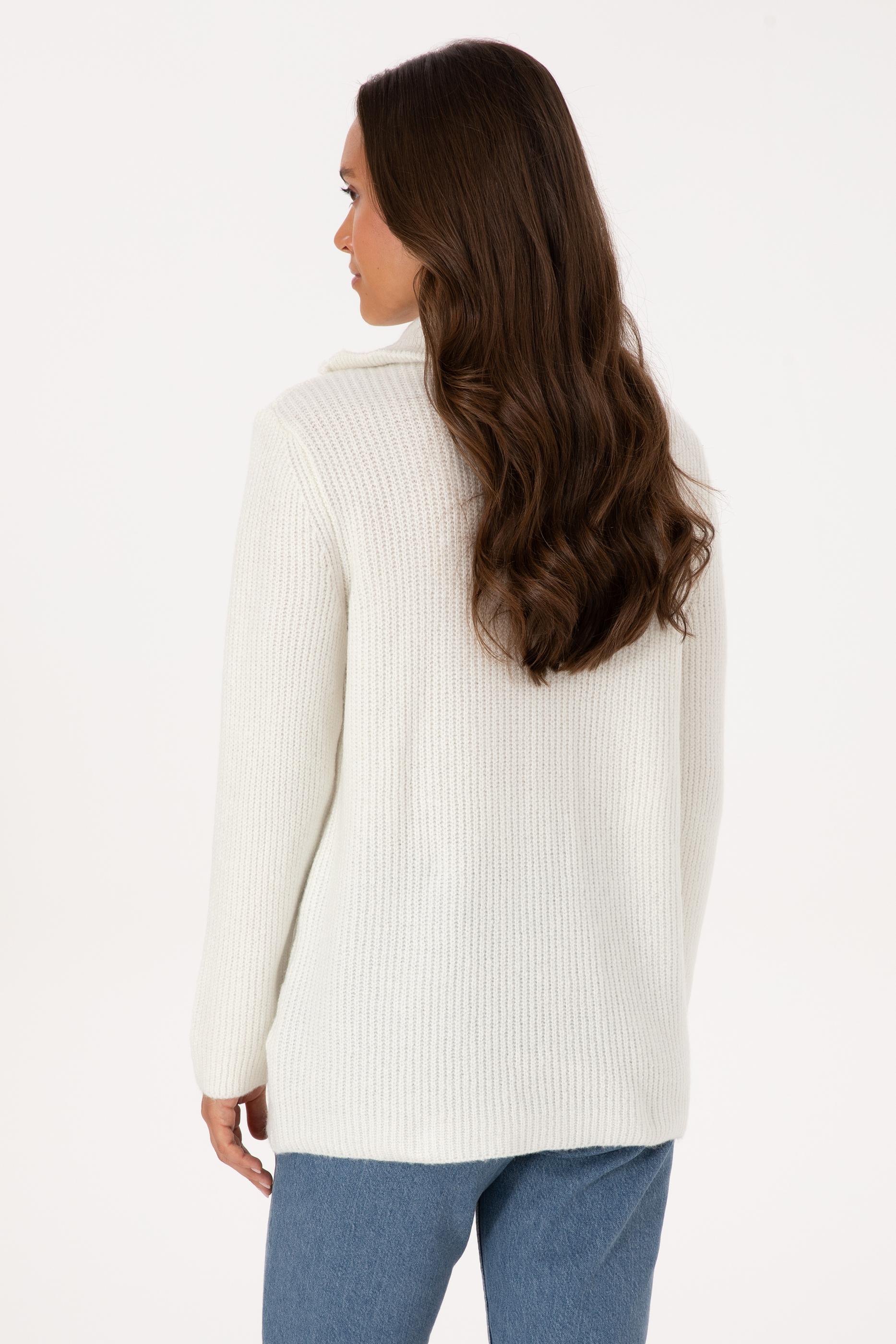 Kadın Krem V Yaka Fermuarlı Kazak