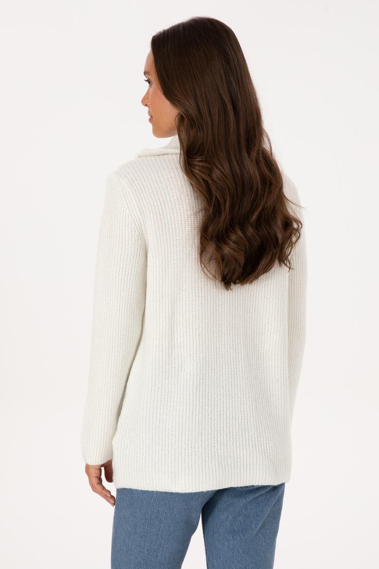 Kadın Krem V Yaka Fermuarlı Kazak - 50308331041