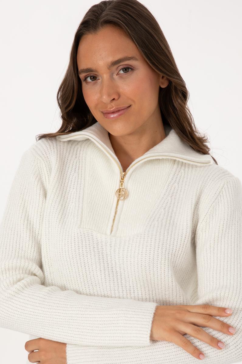 Kadın Krem V Yaka Fermuarlı Kazak