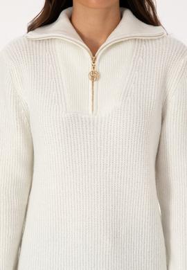 Kadın Krem V Yaka Fermuarlı Kazak - 50308331041