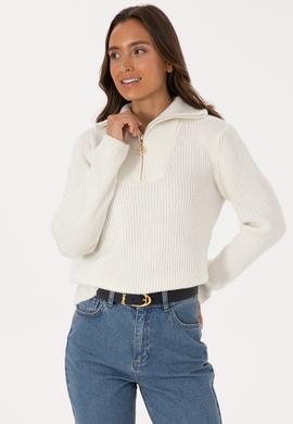 Kadın Krem V Yaka Fermuarlı Kazak - 50308331041