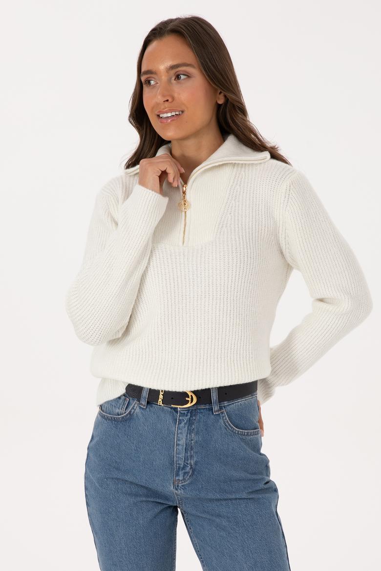 Kadın Krem V Yaka Fermuarlı Kazak - 50308331041