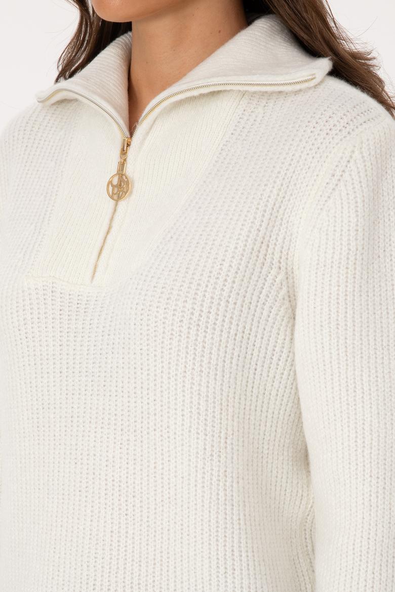 Kadın Krem V Yaka Fermuarlı Kazak - 50308331041