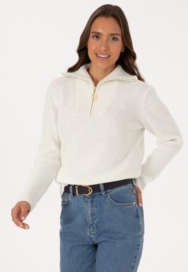 Kadın Krem V Yaka Fermuarlı Kazak - 50308331041