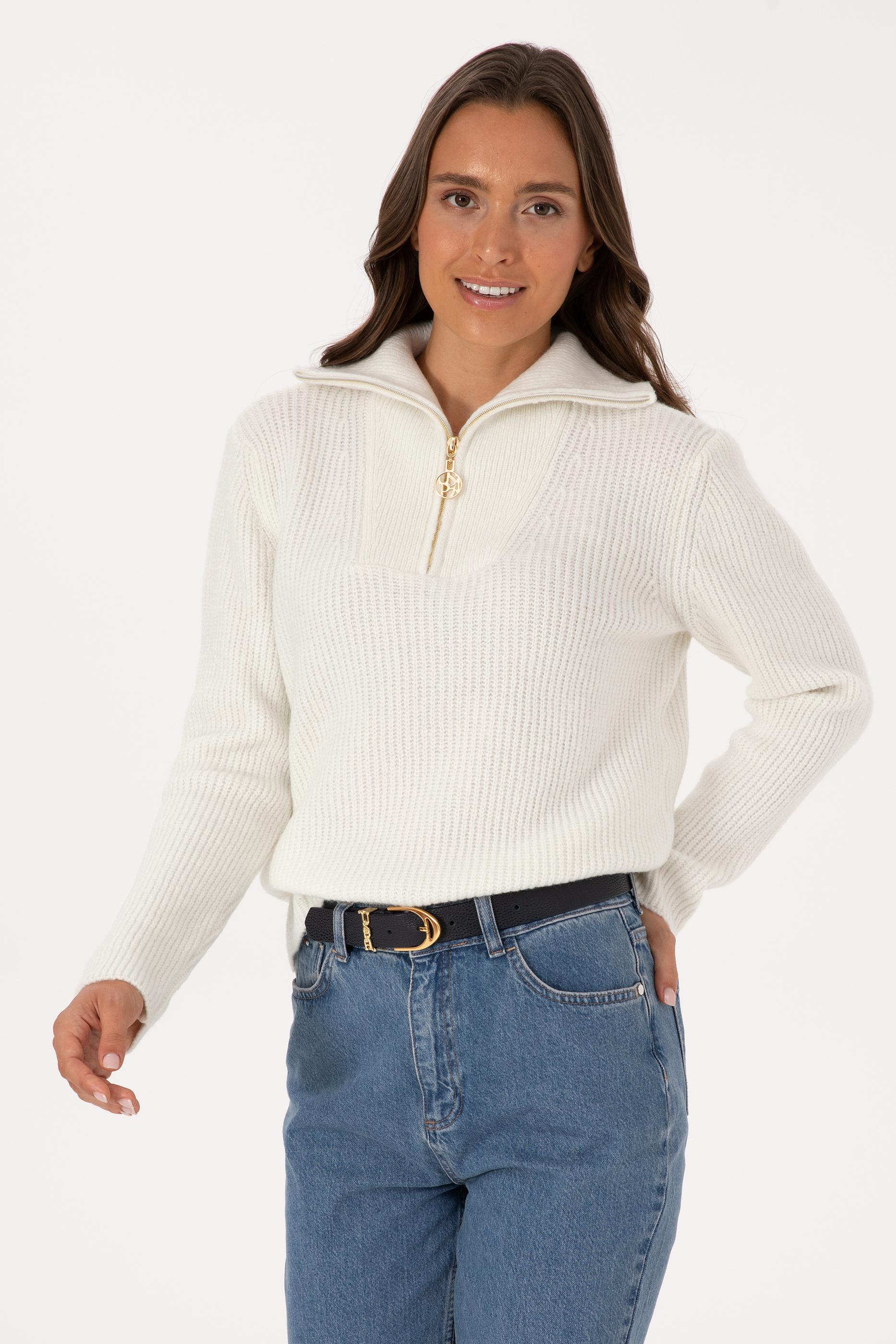 Kadın Krem V Yaka Fermuarlı Kazak