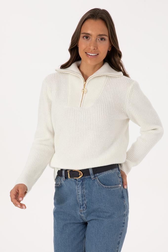 Kadın Krem V Yaka Fermuarlı Kazak