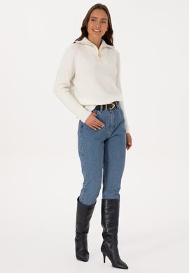 Kadın Krem V Yaka Fermuarlı Kazak - 50308331041