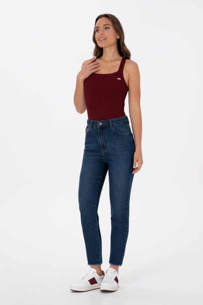 Kadın Koyu Mavi Mom High Waist Fit Jean Pantolon